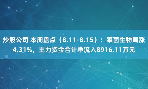 炒股公司 本周盘点（8.11-8.15）：莱茵生物周涨4.31%，主力资金合计净流入8916.11万元